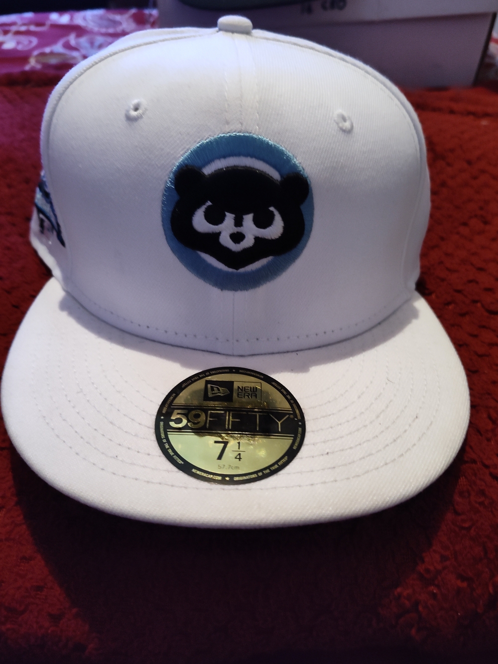 New Era White Fitted Hat with Blue & Black Bear Patch